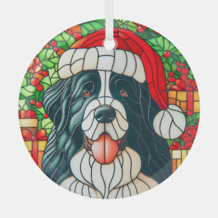 Landseer Newfoundland in Santa Hat Glass Ornament
