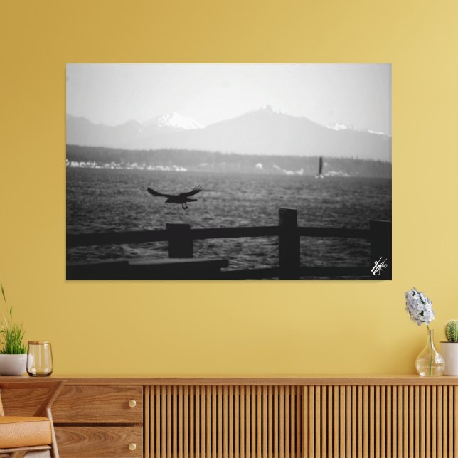 Langley waterfront Crow taking flight Monochrome Canvas Print (Insitu(LivingRoom))
