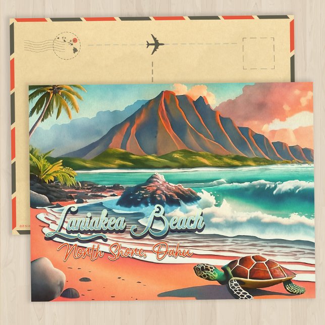 Laniakea Beach Oahu Hawaii Watercolor Volcano Postcard (Creator Uploaded)