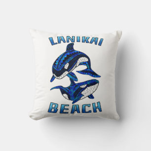 Lanikai Beach Hawaii Vacation Tribal Whale Orcas Throw Pillow