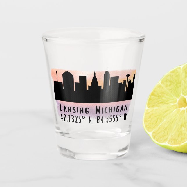 Lansing MI City Skyline Latitude and Longitude  Shot Glass (Front)