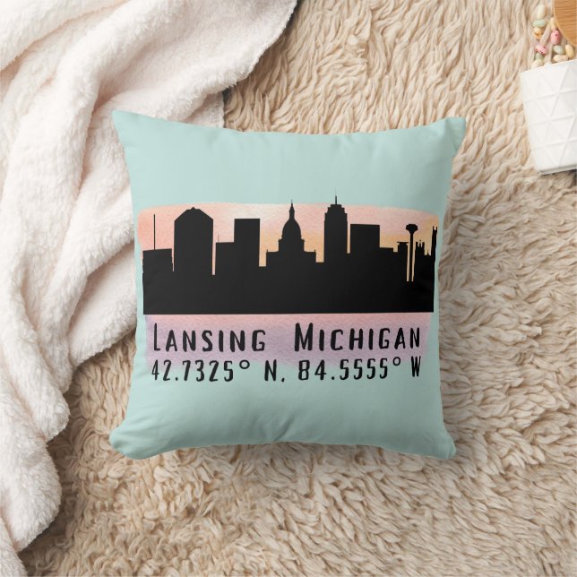 Lansing MI City Skyline Latitude and Longitude  Throw Pillow (Blanket)