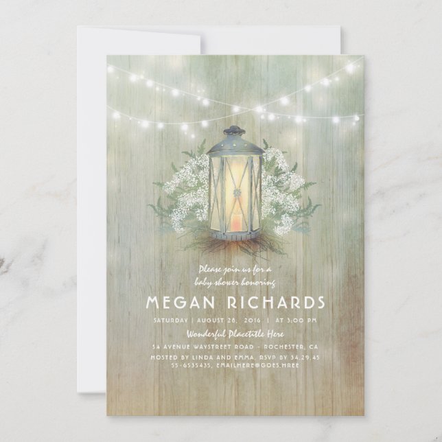 Lantern and Baby's Breath Rustic Baby Shower Invitation (Front)