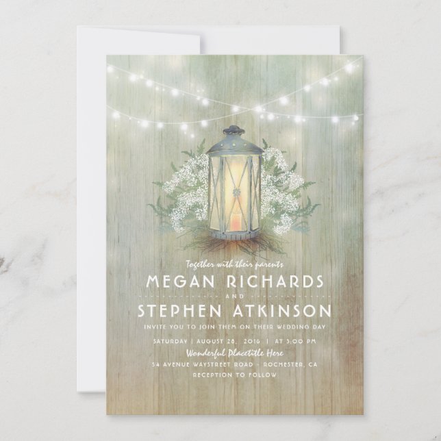 Lantern and Baby's Breath Rustic Summer Wedding Invitation (Front)