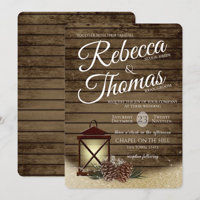 Lantern and Pine Cones Rustic Winter Wedding Invitation (Front/Back)