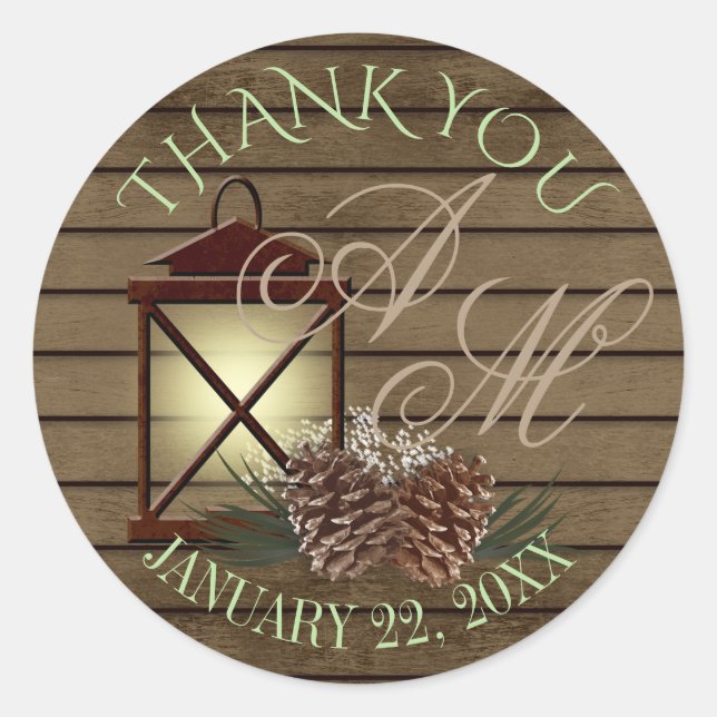 Lantern and Pine Rustic Winter Monogram Classic Round Sticker (Front)