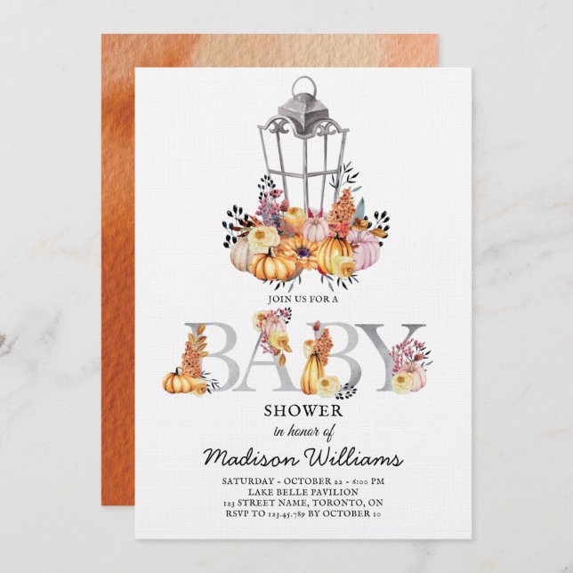 Lantern Baby Shower Watercolor Autumn Invitation (Front/Back)
