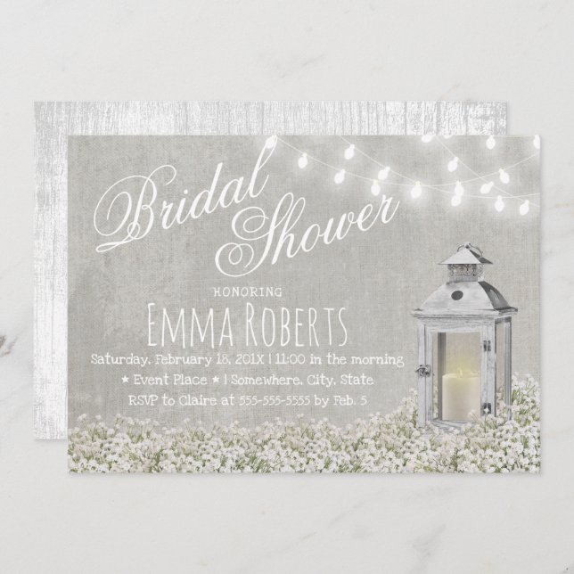 Lantern & Baby's Breath Rustic Bridal Shower Invitation (Front/Back)