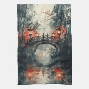 Lantern Bridge Moonlight Watercolor Kitchen Towel