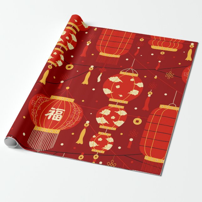 Lantern Chinese New Year Pattern Wrapping Paper (Unrolled)