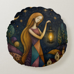 LANTERN GIRL UNDER BLUE STARRY SKY ROUND PILLOW
