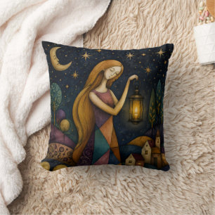 LANTERN GIRL UNDER BLUE STARRY SKY THROW PILLOW