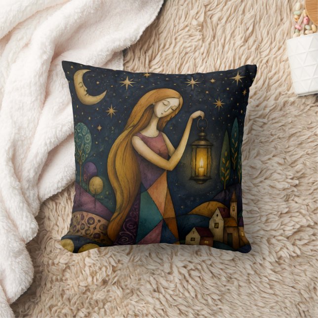 LANTERN GIRL UNDER BLUE STARRY SKY THROW PILLOW (Blanket)