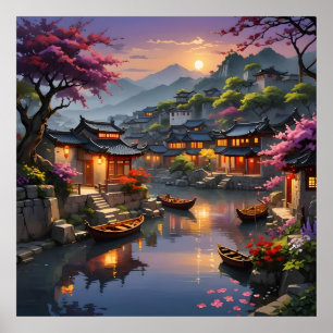 Lantern Glow Amid Blossoms and Water Poster