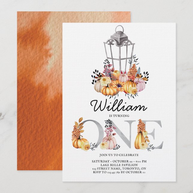 Lantern Watercolor Autumn First Birthday Invitation (Front/Back)