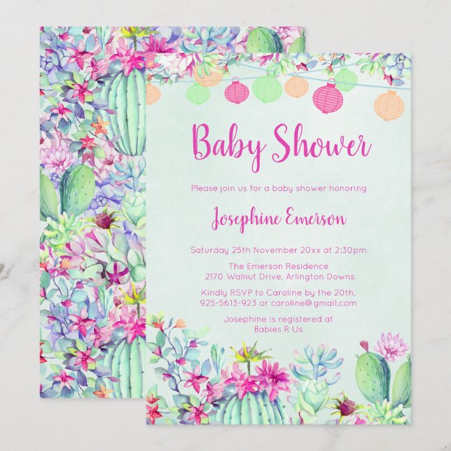 Lanternes & Cactus Baby Shower Invitations (Devant / Derrière)