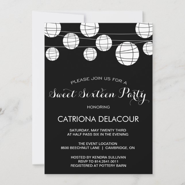 LANTERNES NOIRES ET BLANCHES INVITATION SWEET SIXT (Devant)