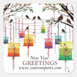 Lanterns Cherry Tree Birds Spring Greetings Square Sticker