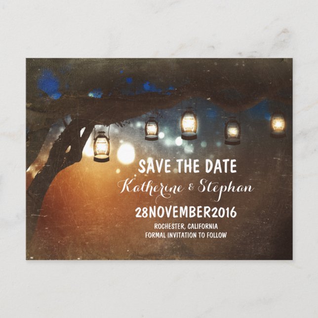 lanterns lights tree rustic save the date postcard (Front)