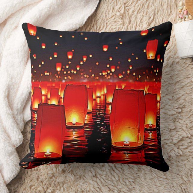 Lanterns' Magical Night Float Design Throw Pillow (Blanket)