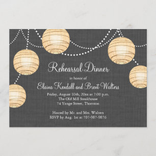 Lanterns on Grey Burlap Rehearsal Dinner Invite