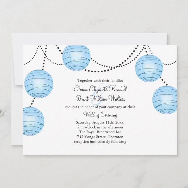 Lanterns Wedding Invitation in Blue (Front)