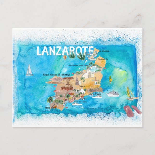 Lanzarote Canarias Spain Illustrated Map  Holiday Postcard (Front)