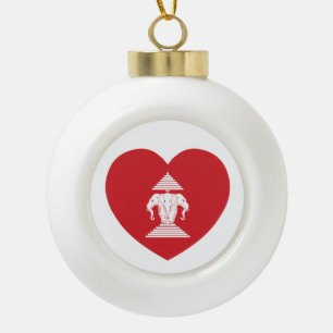 Laotian Erawan 3 Headed Elephant Heart Flag Ceramic Ball Christmas Ornament