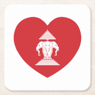 Laotian Erawan 3 Headed Elephant Heart Flag Square Paper Coaster