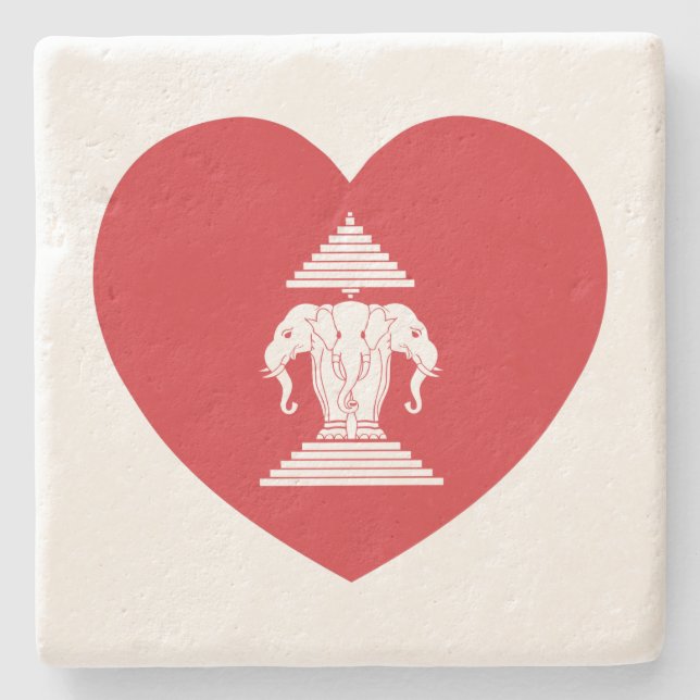 Laotian Erawan 3 Headed Elephant Heart Flag Stone Coaster (Front)