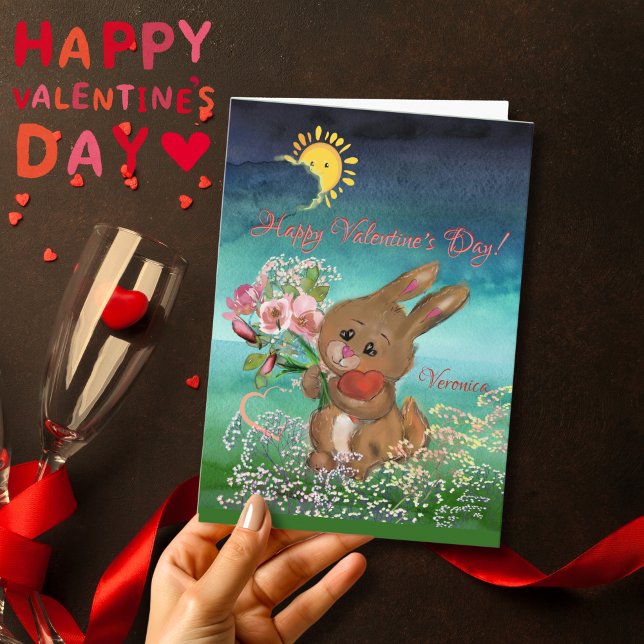 Lapin aux fleurs Carte de la Saint-Valentin (Bunny with heart and flower for Valentine's Day Card , for kids, sister, mother, lover, girlfriend)