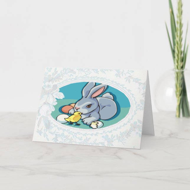 Lapin Avec Baby Chick Carte Pâques (Devant)