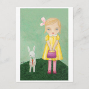 Lapin blanc avec carte fille robe jaune avec lapin