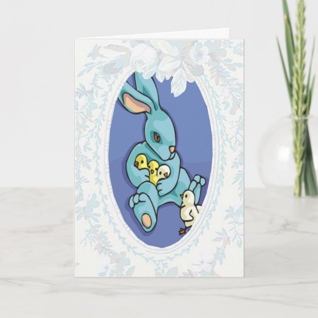 Lapin Bleu Avec Fleurs Carte Pâques (Devant)