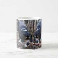 Lapin de beagles chassant la tasse en bois