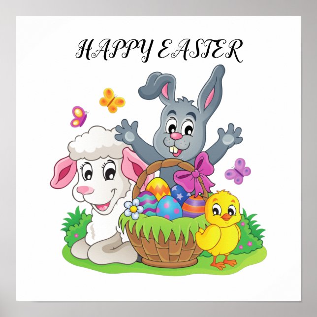 Lapin de Pâques, affiche d'agneau et de poussin. (Devant)