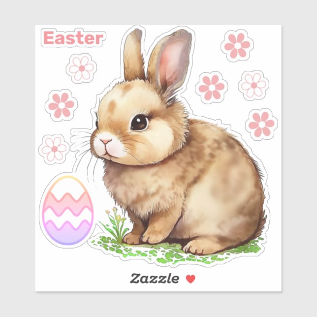 Lapin de Pâques, Fleurs roses et Sticker d'Oeufs d (Feuille)