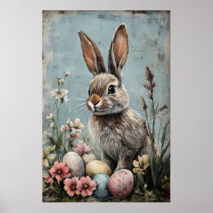 Lapin de Pâques Rétro Impression de Fleur, Rustiqu
