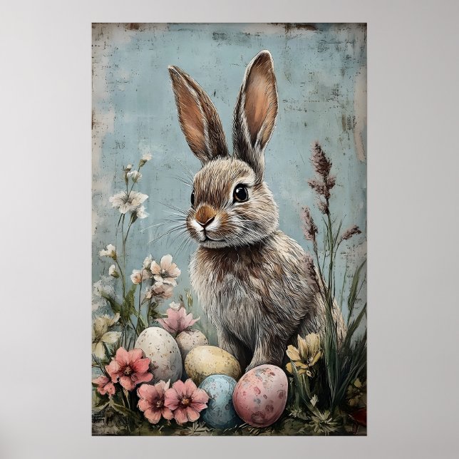 Lapin de Pâques Rétro Impression de Fleur, Rustiqu (Devant)