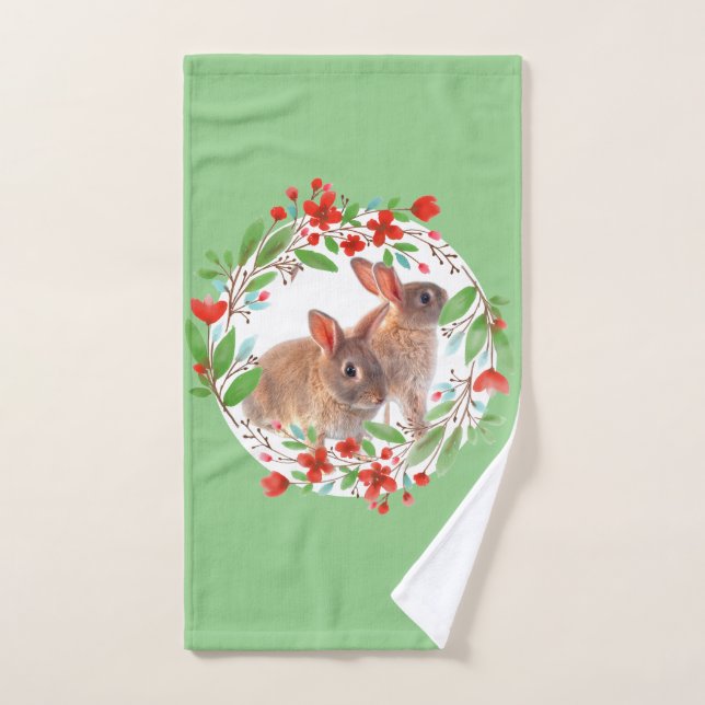 Lapin de style printemps et couronne de fleurs rou (Serviette à main)