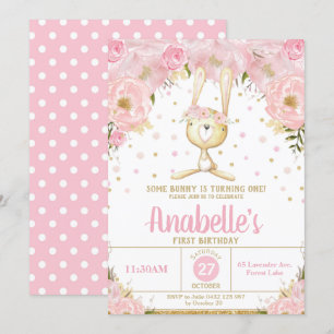 Lapin Floral Rose 1er Anniversaire Invitation Girl