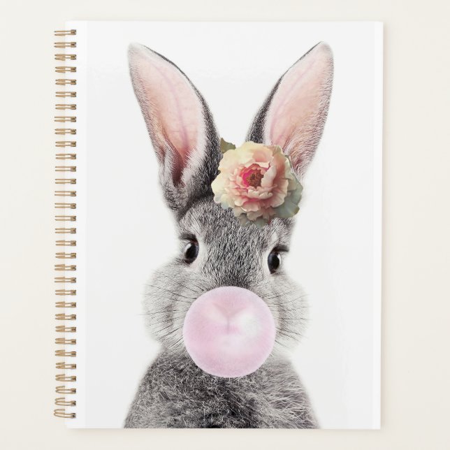 Lapin gris soufflant bulle gomme avec fleur d'aném (Devant)