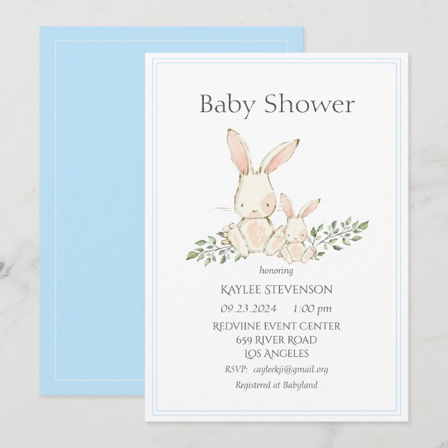 Lapin Lapin Blue Modern Baby shower Invitation (Devant / Derrière)
