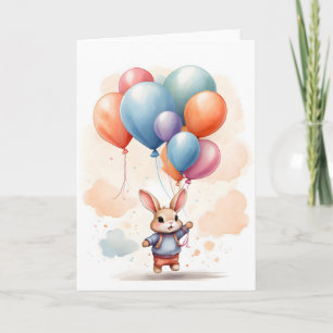 Lapin Mignon avec Ballons Aquarelle Carte de Vœux 