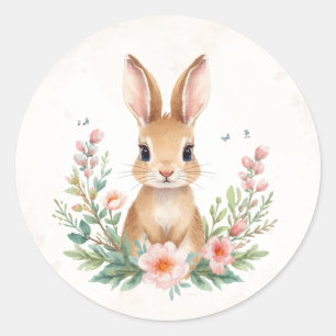Lapin Mignon avec Fleurs Autocollant Rond Printe
