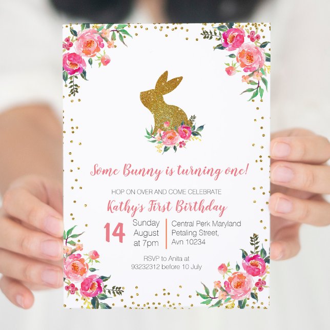 Lapin Or Rose Rose Anniversaire Floral Invitation (Créateur téléchargé)