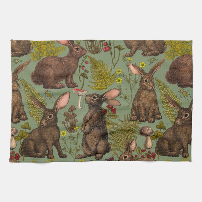 Lapins et flore boisée Serviette de cuisine (Horizontal)
