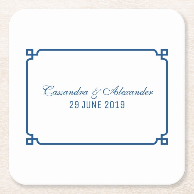 Lapis Blue Deco Chic Wedding Square Paper Coaster (Front)