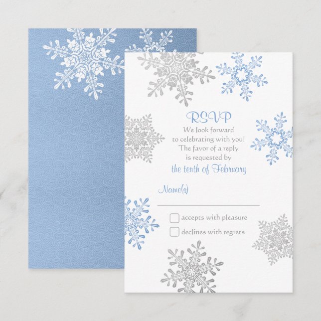 Lapis Blue Silver Winter Snowflake Wedding RSVP Card (Front/Back)
