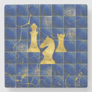 Lapis Lazuli Chessboard and Gold Chess Pieces Stone Coaster